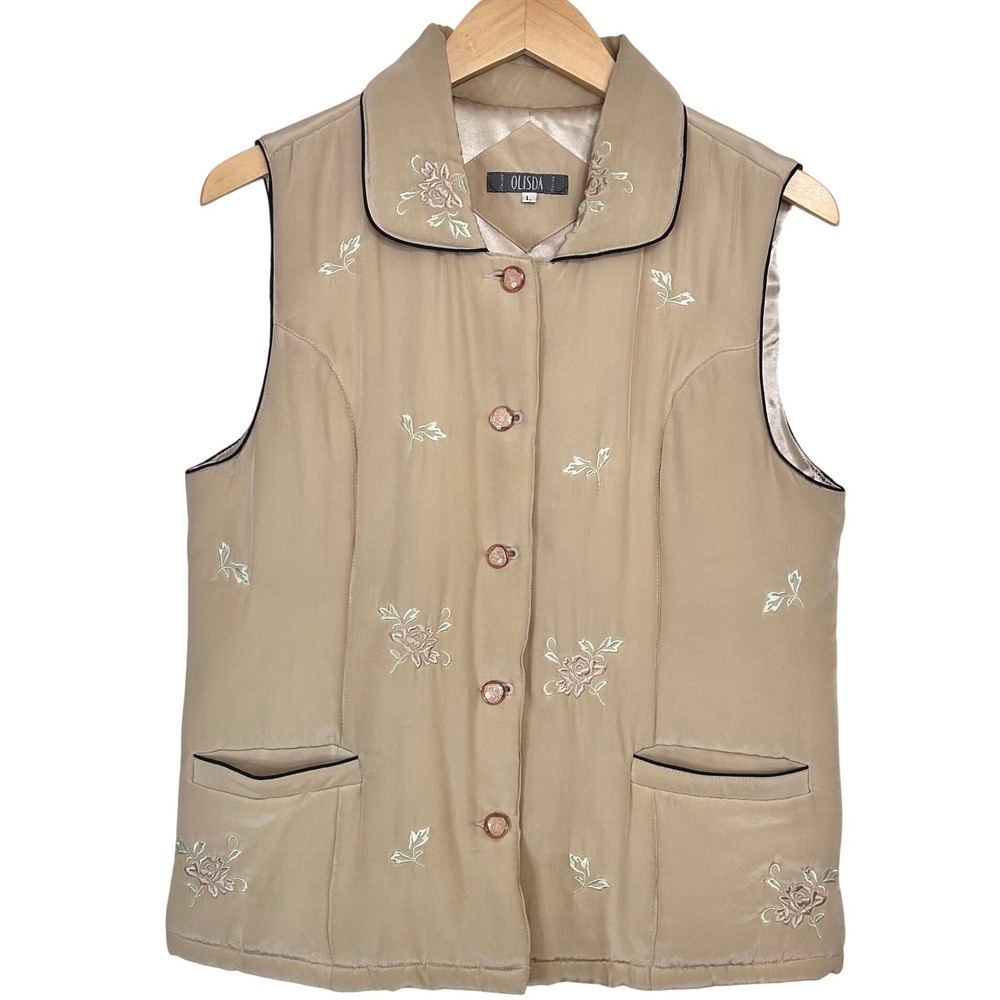 Olisda Italian Design Beige Floral Embroidered Quilted Vest Women's L Silky Soft